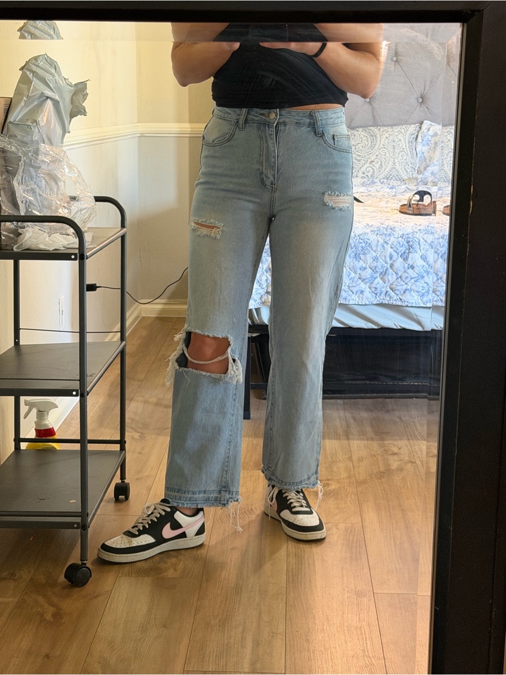 SHEIN Light Blue High-Rise Distressed Wide Leg Jeans
